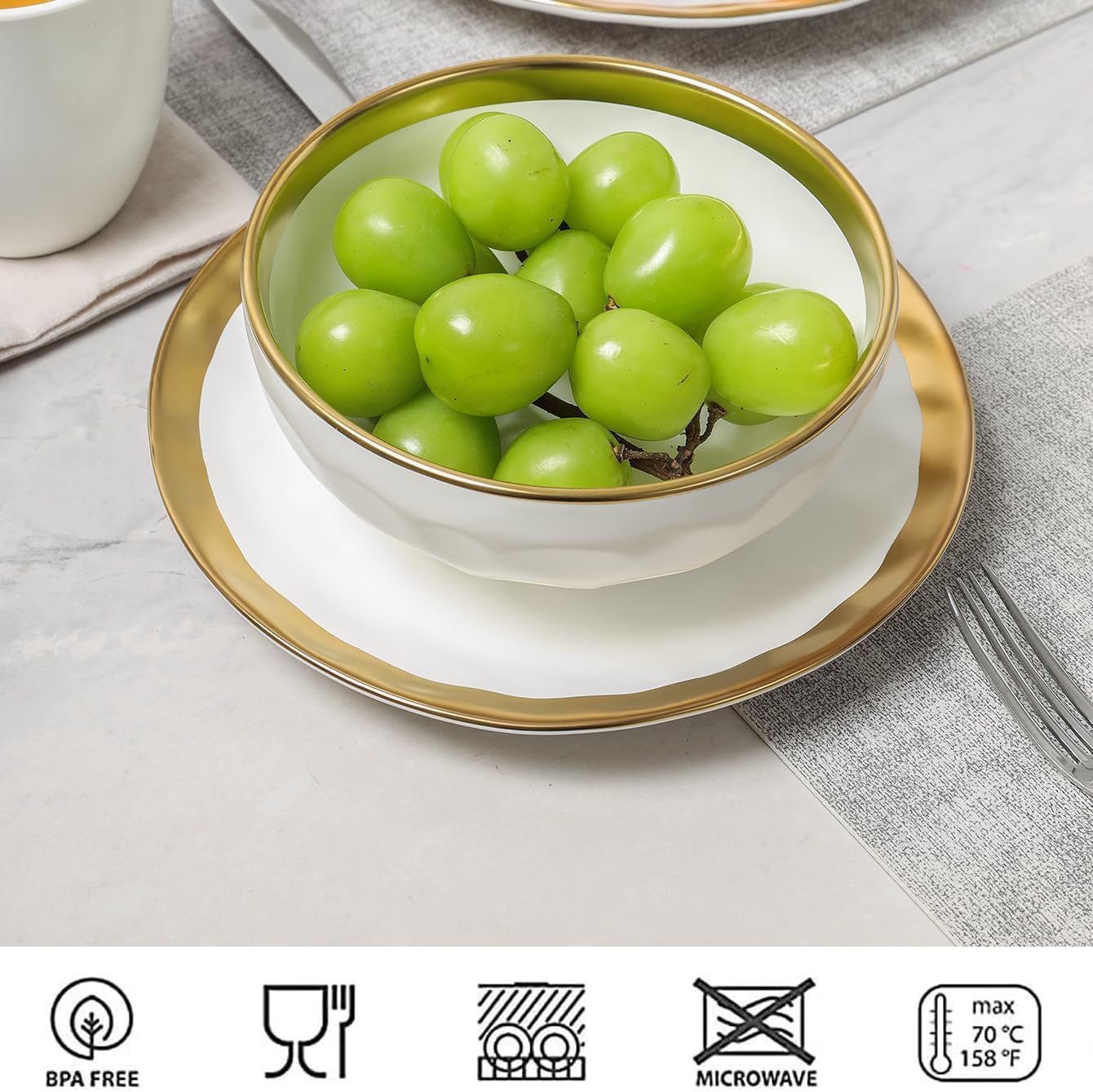 vicrays Ceramic Salad Bowls Set for Kitchen, Serving - 24 Ounce Soup Bowls, Pasta Bowls, Chip Resistant, Dishwasher Safe, NOT Microwave Safe, Fluted, Stoneware, Set of 6 (White with Golden)