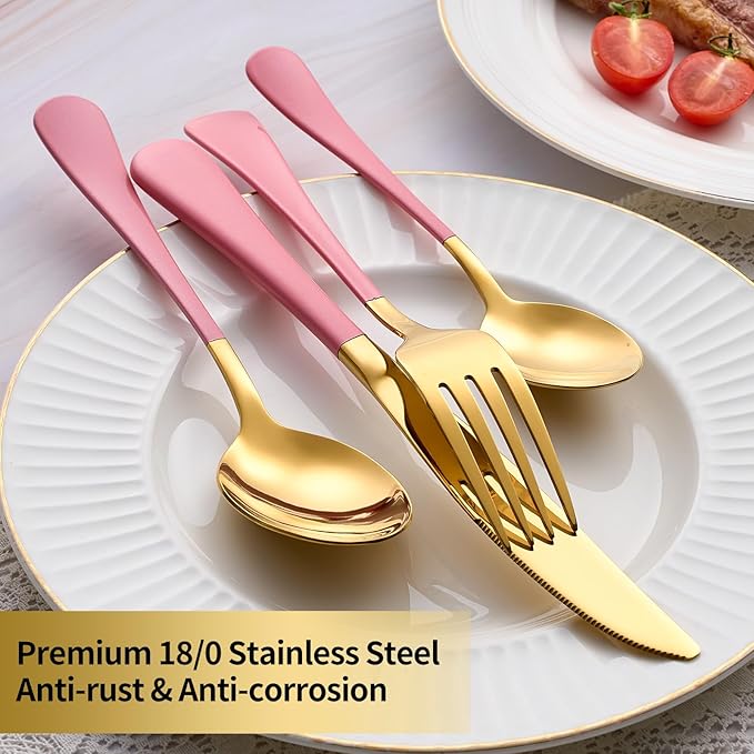 20-Piece Gold Silverware Set, 18/0 Stainless Steel Pink Handle Flatware Set, Service for 4, Modern Cutlery Set Includes Dinner Knives Forks Spoons, Mirror Polished, Dishwasher Safe