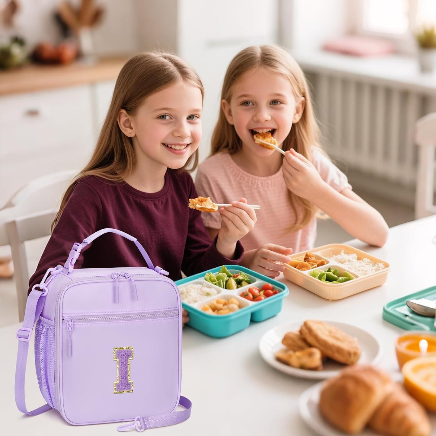 Initial Insulated Lunch Bag for Girls Kids, Back to School Gift, Reusable Leak-proof Lunch Box with Adjustable Strap for School Daycare Travel Picnic (Purple,I)