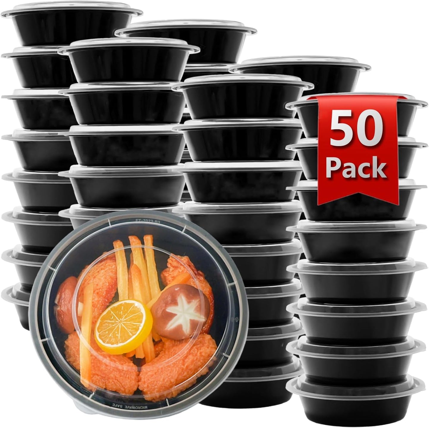 Meal Prep Containers Reusable 50 Pack-23 oz Food Storage Containers with Lids To Go Food Containers Takeout, Microwave Dishwasher Freezer Safe, Stackable, BPA Free, Plastic (Black)