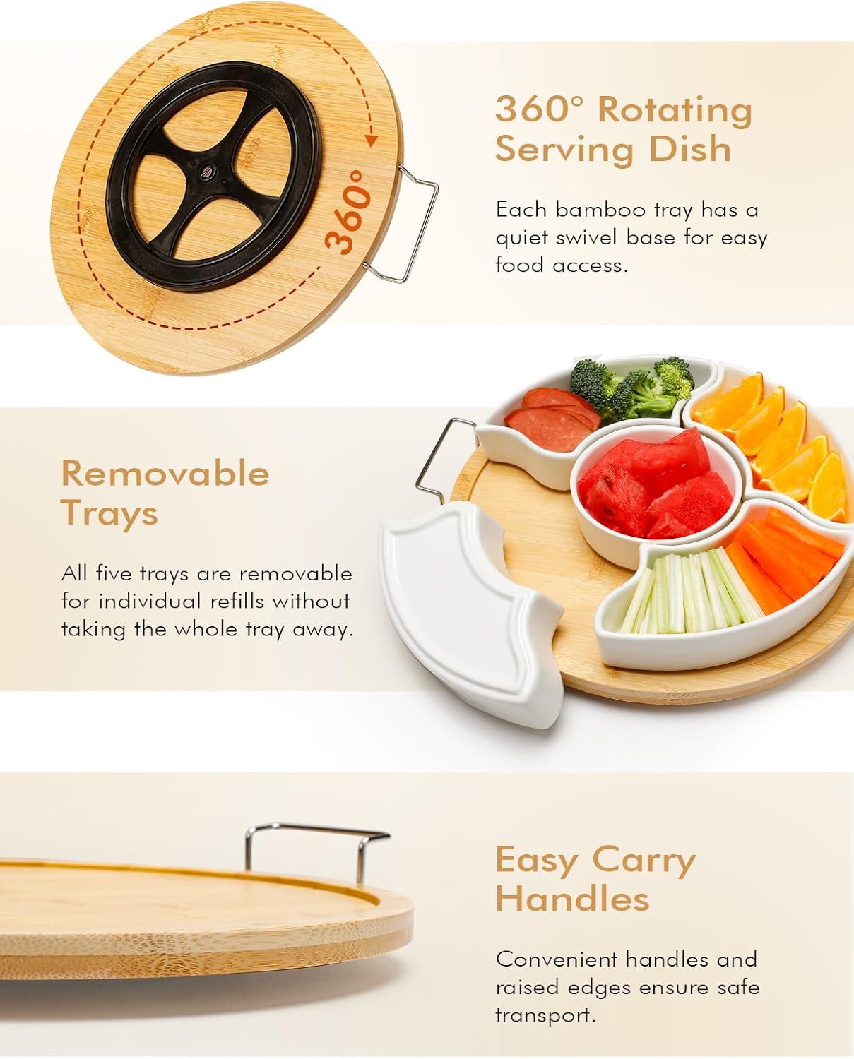 Ceramic Divided Serving Dishes with Bamboo Tray,360° Rotatable Serving Bowls with Handles for Party,5 Removable Relish Tray,11.2 Inch Appetizer Serving Dish for Chips & Dip, Veggies, Candy & Snacks