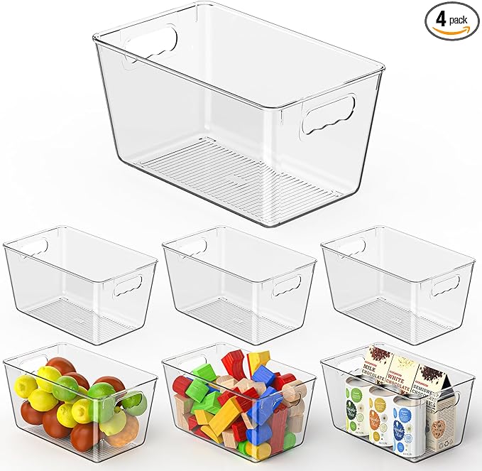 Clear Pantry Organizer Bins, Storage Containers & Plastic Containers with Handle, Cabinet Organizer, Home Organization Must Haves for Kitchen, Laundry Room, Office, Closet & Freezer (6 Pack)