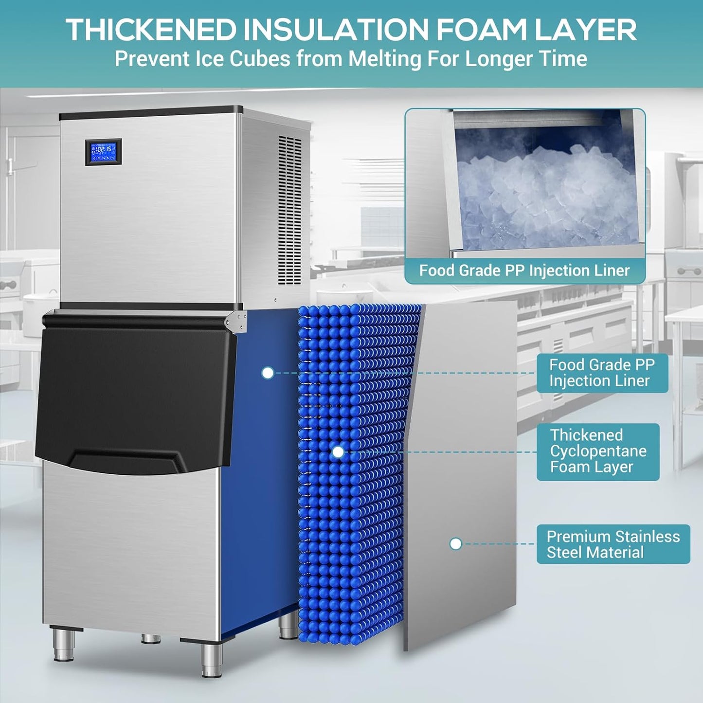 Commercial Ice Maker Machine 430Lbs/24H, Industrial Ice Machine 350 Lbs Storage Bin, 156PCS Clear Ice Cubes in 11 Mins, Freestanding Stainless Steel Ice Maker for Restaurants/Bar/Large Families