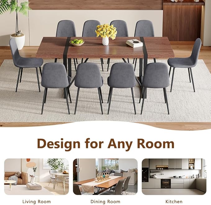 86.6" Dining Table Set for 10, Modern 11 Piece Wood Kitchen Table and Chairs Set, Large Rectangle Dining Table with 10 Linen Fabric Upholstered Chairs, Perfect for Family Gatherings and Dining Room