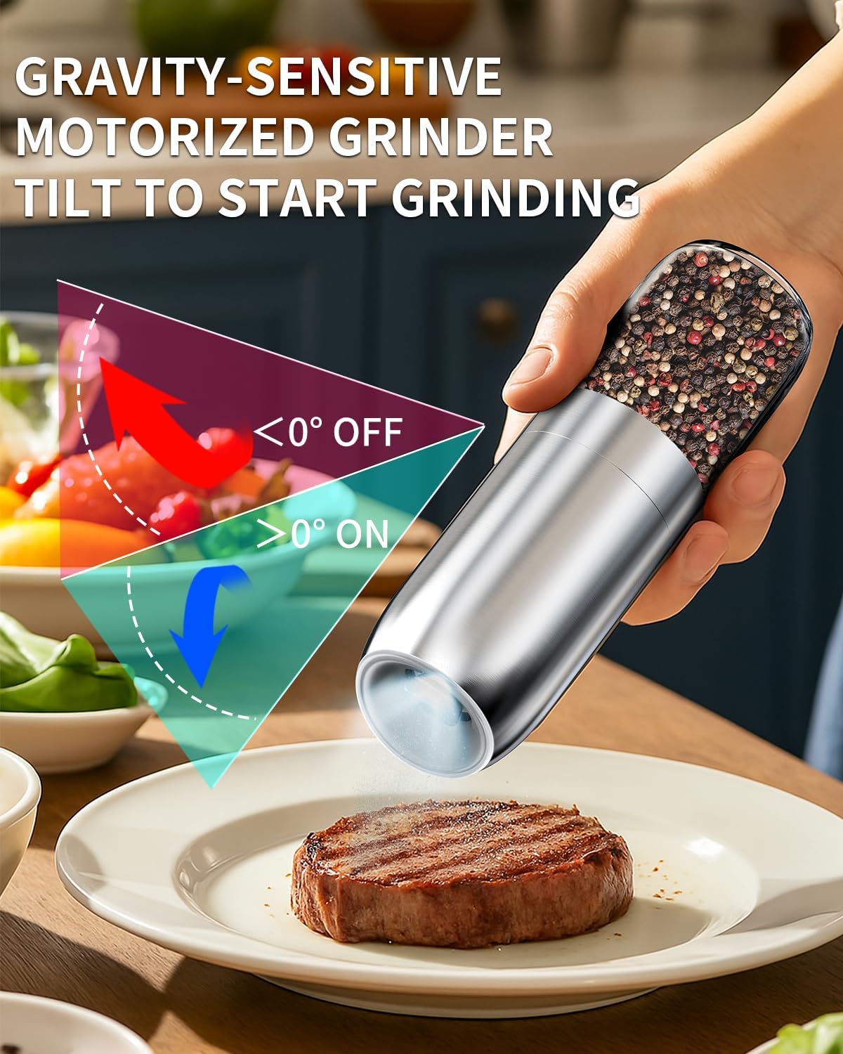 CIRCLE JOY Gravity Electric Salt and Pepper Grinder Set Battery Powered Stainless Steel Pepper Mill Grinder with 176ml Container, Adjustable Coarseness, Bright LED Light and One Hand Operation, Silver