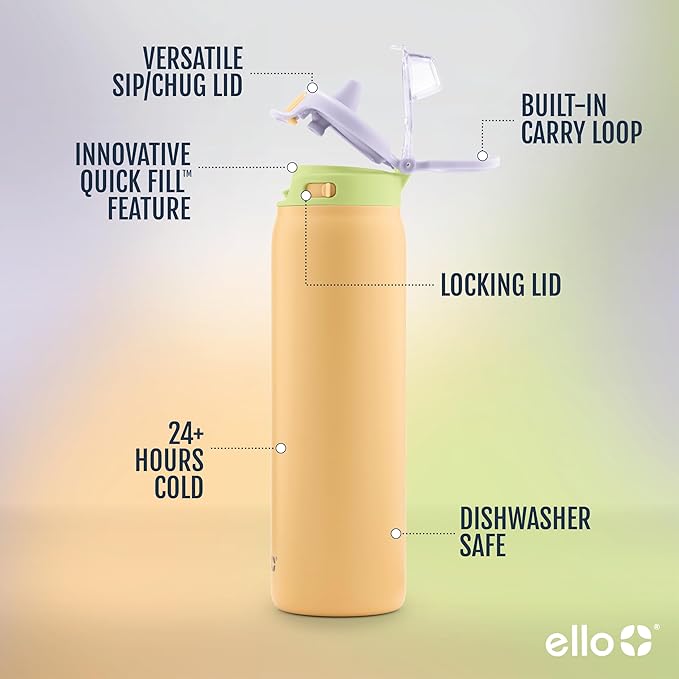 Ello Pop & Fill Stainless Steel Water Bottle with Quick Fill Technology, Double Walled Vacuum Insulated Metal, Leak Proof Locking Lid, Sip & Chug, BPA Free, Holiday Gift for Him Her, 22oz, 32oz, 40oz