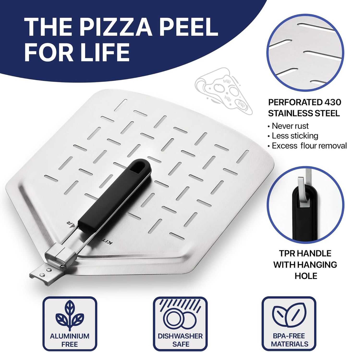 14" Pizza Making Kit (Set of 2) - 14" Pizza Cutter Rocker Knife with Blade Cover + 13" Perforated Stainless Steel Pizza Peel with Folding Handle - Ultimate Pizza Oven Accessories