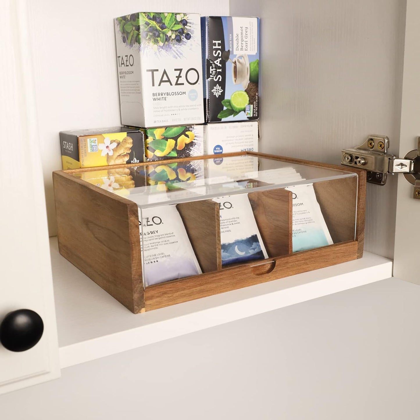 Tea Bag Organizer 6 Compartments by HTB|  Gift Box Acacia Wood Tea Organizer for Tea Bags with Acrylic Transparent Hinged Lid