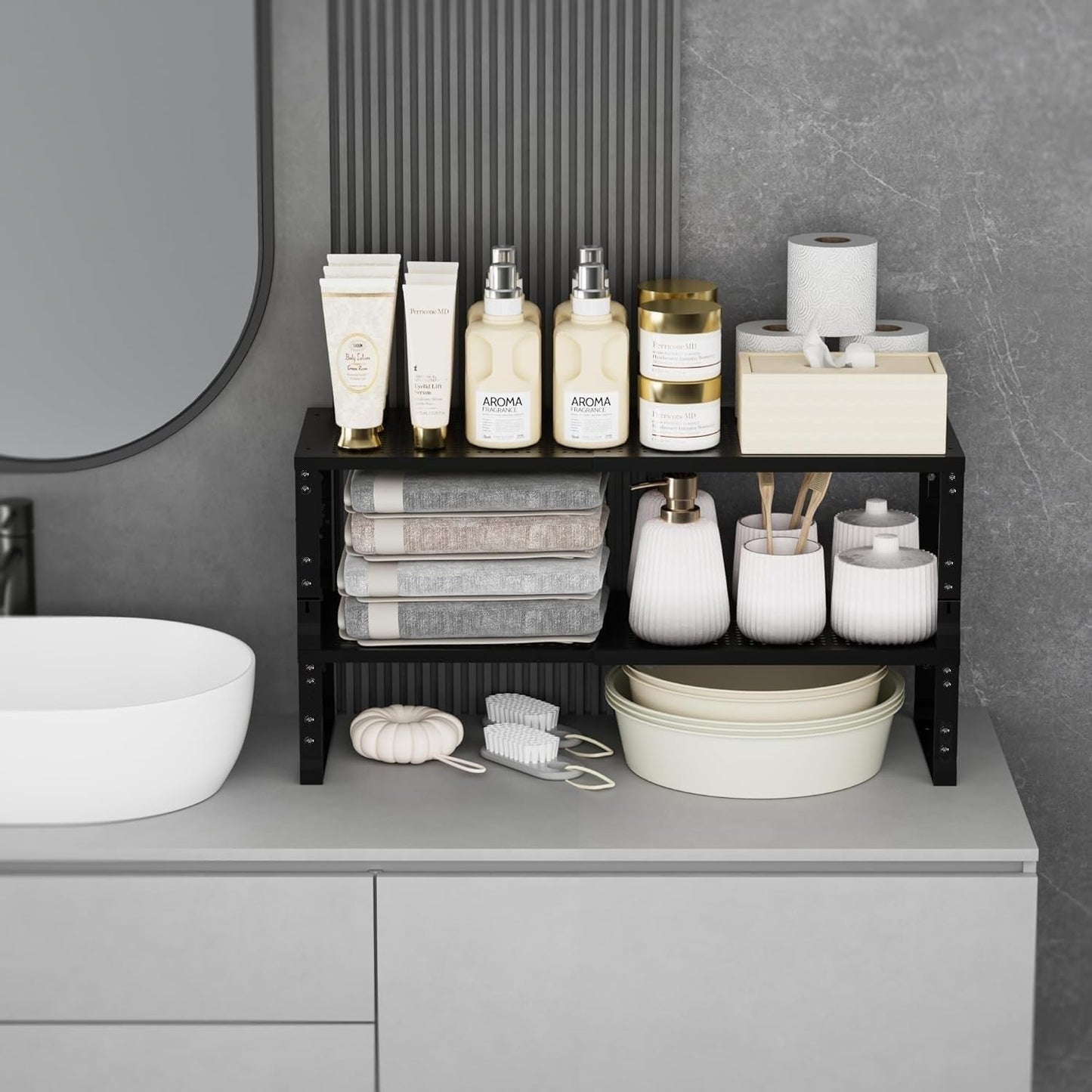 Expandable Spice Rack,Stackable Storage for Cabinet, Multi-Functional Kitchen Shelving,Height-Adjustable,Sustainable Organizer Solution(2Packs/Black/Large)