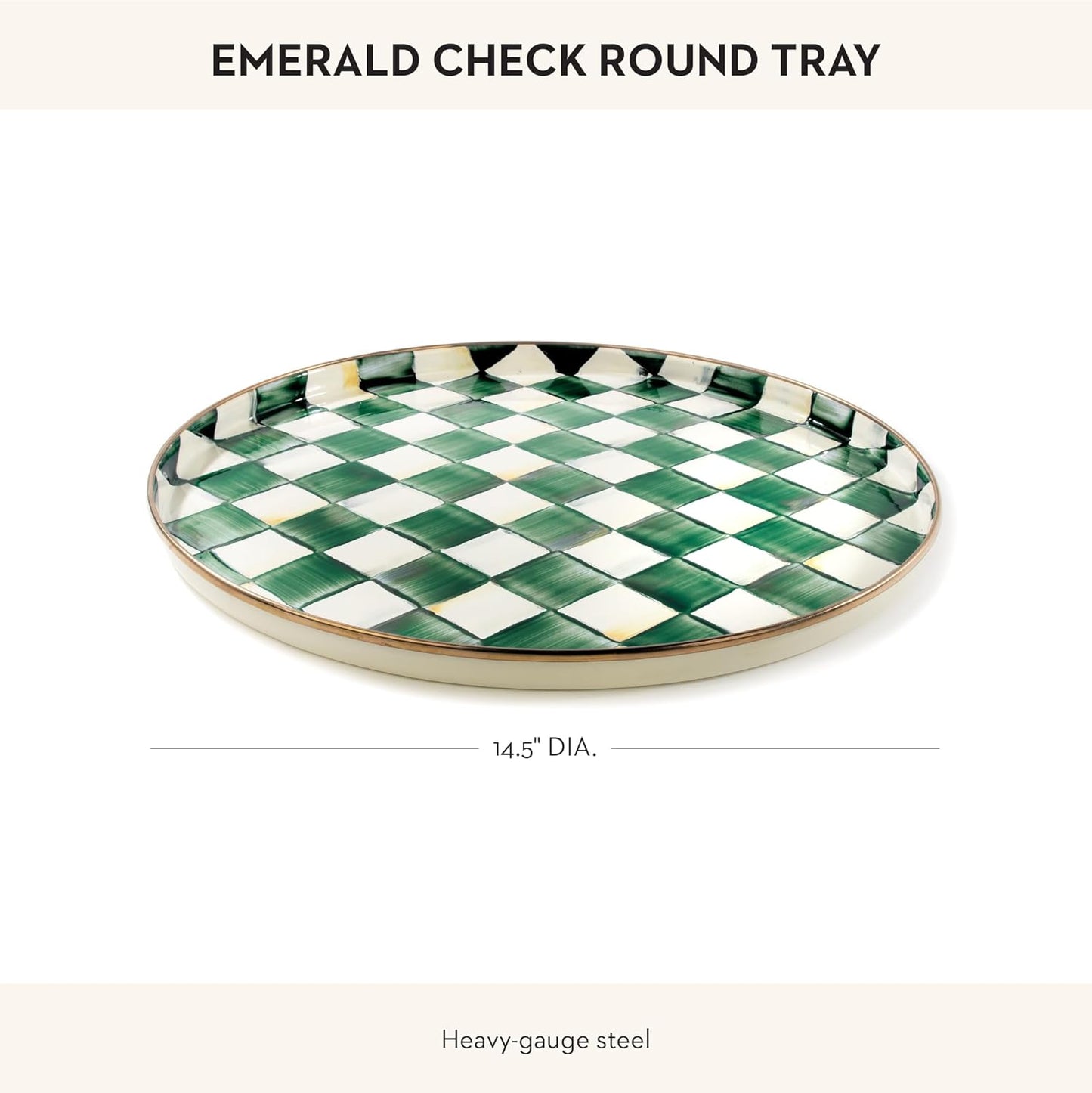 MACKENZIE-CHILDS Enamel Round Tray, Unique Serving Platter for Food and Drinks, Green-and-White Emerald Check