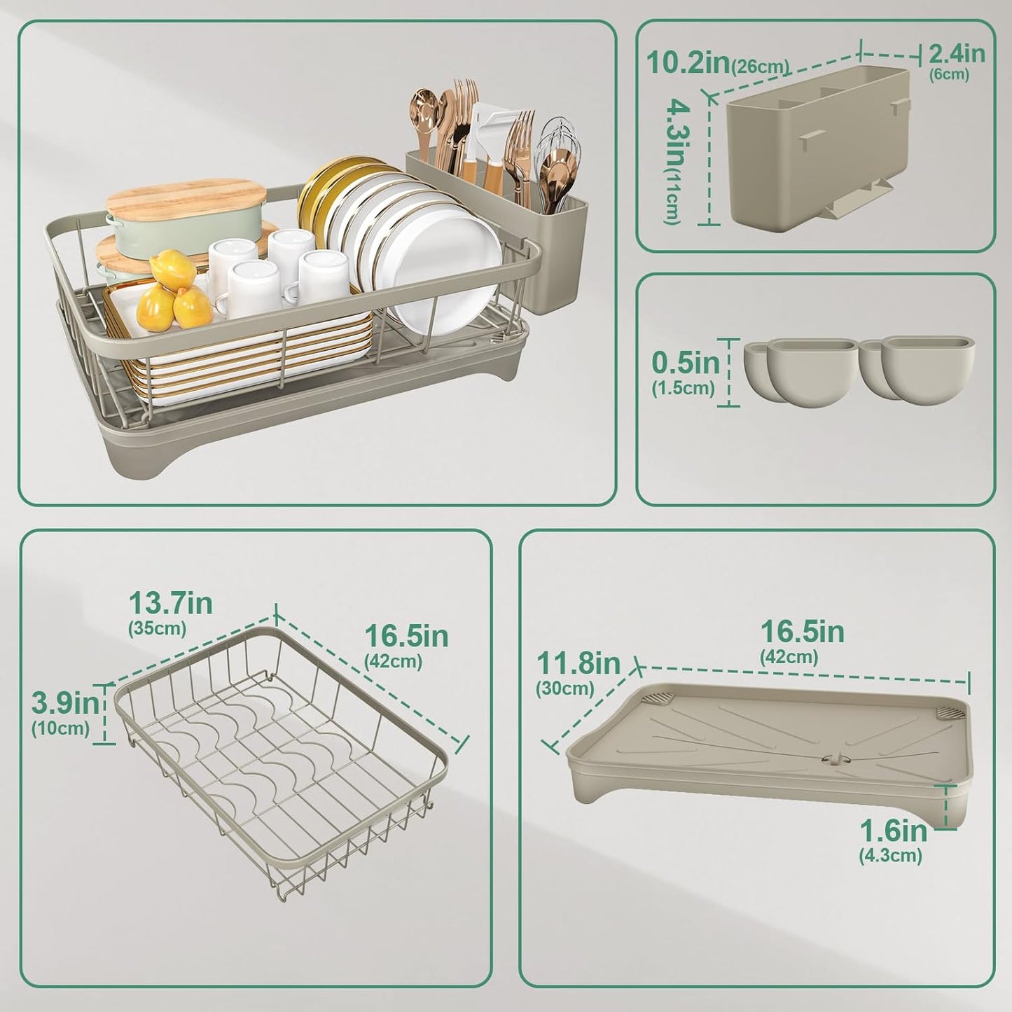 Kitchen Dish Drying Rack – Large Capacity Single Tier Dish Drainer with Drainboard & Utensil Holders, Kitchen Organizer for Dishes, Spoons and Forks, Grey