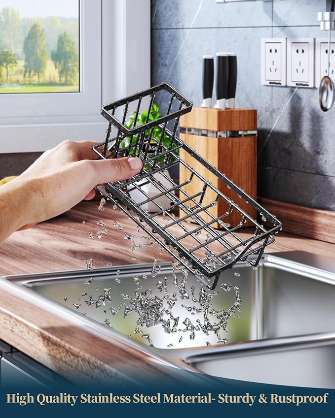 Consumest Sink Caddy, Kitchen Sponge Holder with Dish Brush Holder, Kitchen Sink Organizer with Drip Tray for Countertop Stainless Steel Rustproof, Black-Large