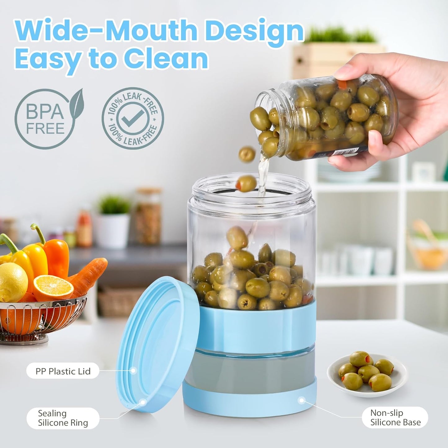 Glass Pickle Jar with Strainer Flip, 56oz Airtight Pickle Container, Leak-proof Juice Separator Pickle Flip Jar with Sealing Silicone Ring for Olive, Sliced Pickle and Jalapeno, Dishwasher Safe