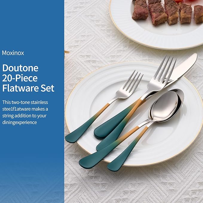 20-Piece Green and Orange Silverware Set, 18/0 Stainless Steel Colorful Handle Flatware Set,Service for 4,Modern Cutlery Set Includes Dinner Knives Forks Spoons,Mirror Polished,Dishwasher Safe