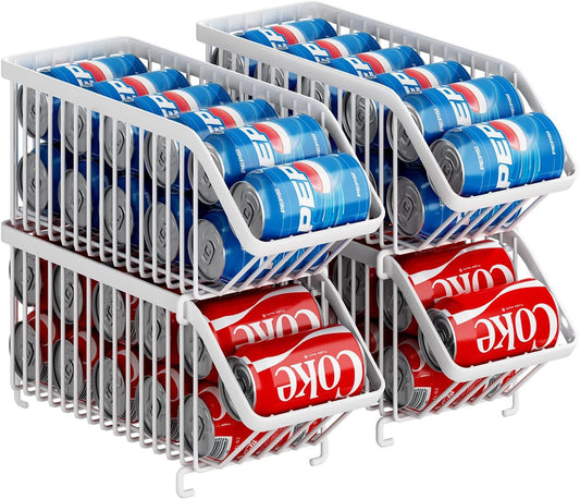 GILLAS 4 Pack Stackable Soda Can Organizer for Refrigerator, Can Holder Dispenser, Canned Food Storage Rack for Fridge, Kitchen, Countertops, Cabinets, White