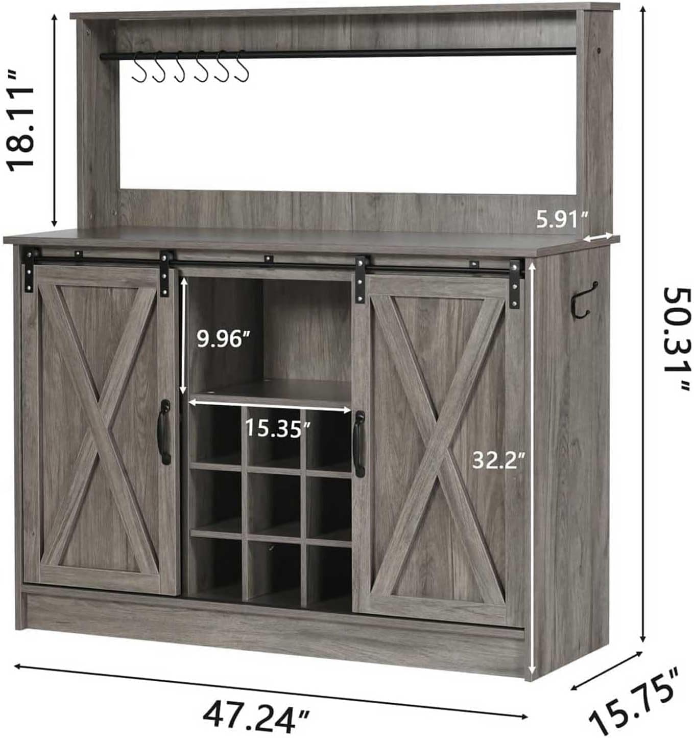 4ever2buy Farmhouse Coffee Bar Cabinet with Hutch, 47 Inch Wine Bar with Storage, Buffet Cabinet with Adjustable Shelves & 9 Wine Racks, Kitchen Buffet Cabinet for Dining Living Room, Grey