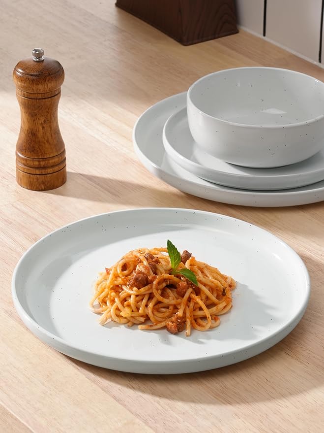 Famiware Dawn 24 Pieces Dinnerware Set, Speckled Plates and Bowls Sets for 8, Matte Dish Set, Microwave and Dishwasher Safe, White