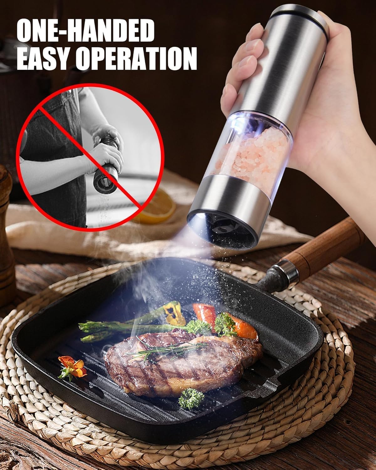 GiveBest Electric Salt and Pepper Grinder Set – Rechargeable Stainless Steel Mills, 100 ml Automatic Shakers Set with 6-Level Adjustable Coarseness and Light, Upgraded Larger Capacity