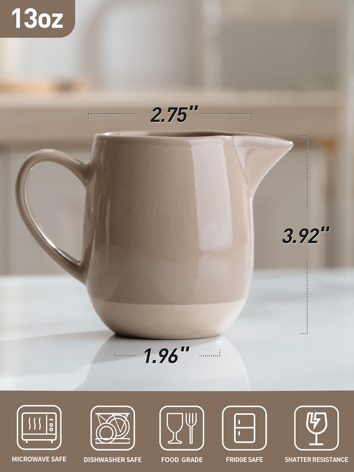 famiware Milkyway 13oz Creamer with Handle, Ceramic Coffee/Milk/Sauce/Serving/Salad Pitcher Jug, Stoneware Maple/Syrup Dispenser, Milk Frother Cup, Microwave and Dishwasher Safe, Cinnamon Brown