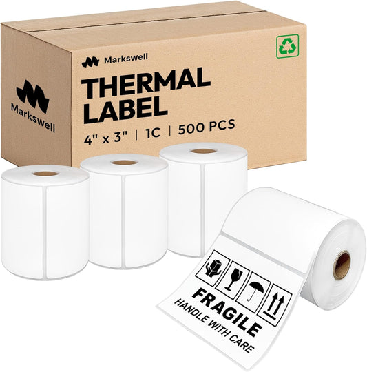 4x3 Direct Thermal Label, Barcode Address Mailing Name Shipping Labels, Perforated Thermal Stickers, Multipurpose, Commercial Grade for Thermal Printer, Strong Adhesive, 500/Roll, 4 Rolls