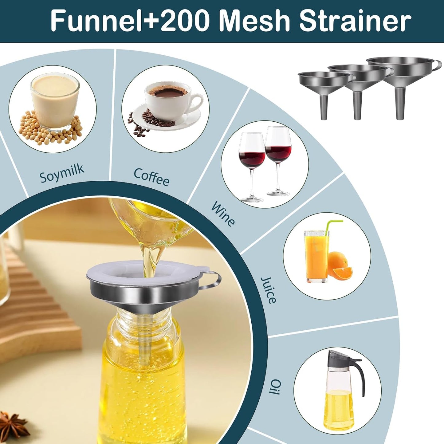 5 in 1 Funnels for Filling Bottles Stainless Steel Small Kitchen Funnel Set for Transferring Essential Oils Liquid Fluid Spice Dry Ingredients Powder, Durable and Dishwash Safe