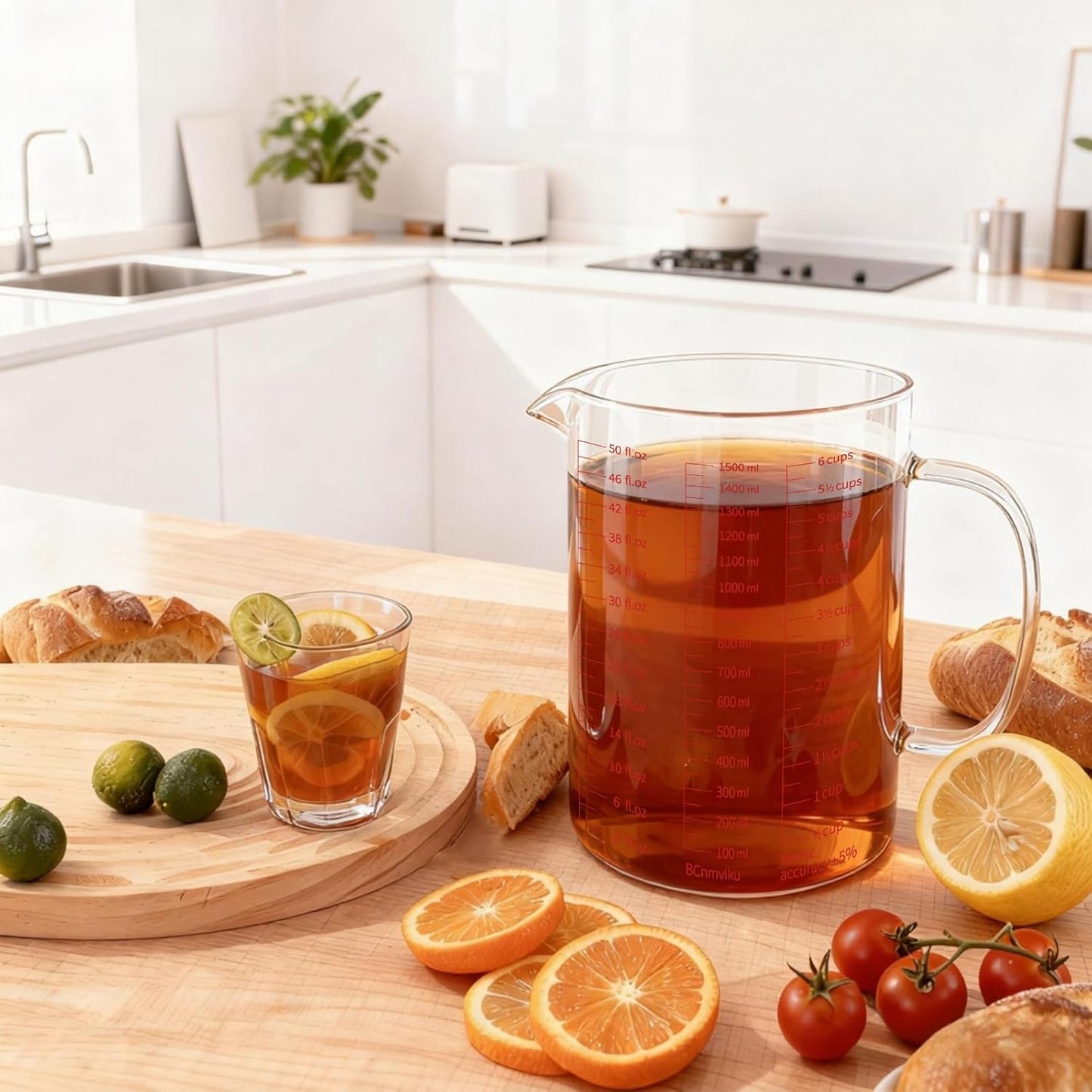 BCnmviku Glass Measuring Cups High Borosilicate [Insulated Handle | V-Shaped Spout]For Prepping Baking and Cooking Preheated Oven Dishwasher Freezer and Microwave Safe (1500 ml with silicone)