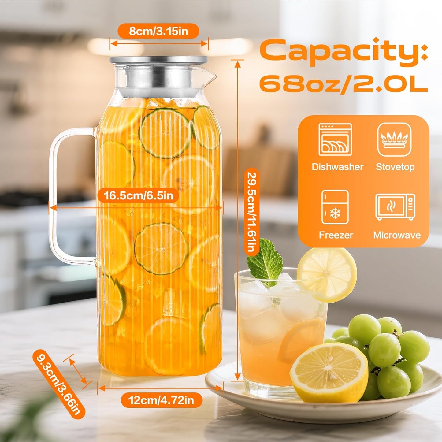 2 Liters/68oz 2 Pack Stripes Glass Pitcher with Lid and Handle for Bridge Door, Aofmee Borosilicate Glass Heat Resistant Dishwasher Safe Iced Tea Jar, Carafe with Scale Line for Hot/Cold Beverage