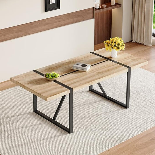 86.6" Light Wood Dining Table, Modern Large Rectangle Wood Table with Natural Wood Grain Finish, Sturdy Dining Room Table for 6-10 People, Ideal for Home, Apartment, or Office Use