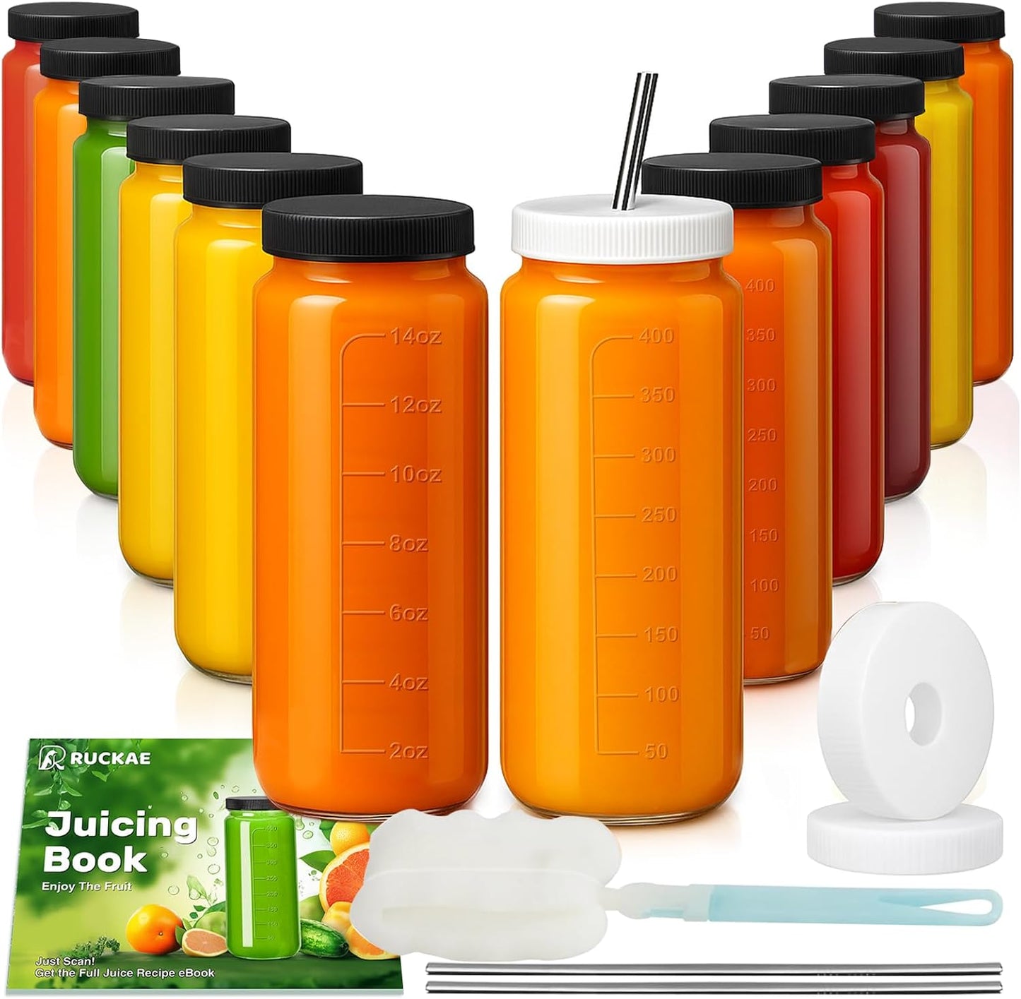 Ruckae 16oz 12 Pack Juice Bottles, Glass Bottles Juicing with Lids, Smoothie Cup Lids and Straws, Water Bottle Mason Jar Drinking Glasses for Juicing, Smoothies, Kombucha