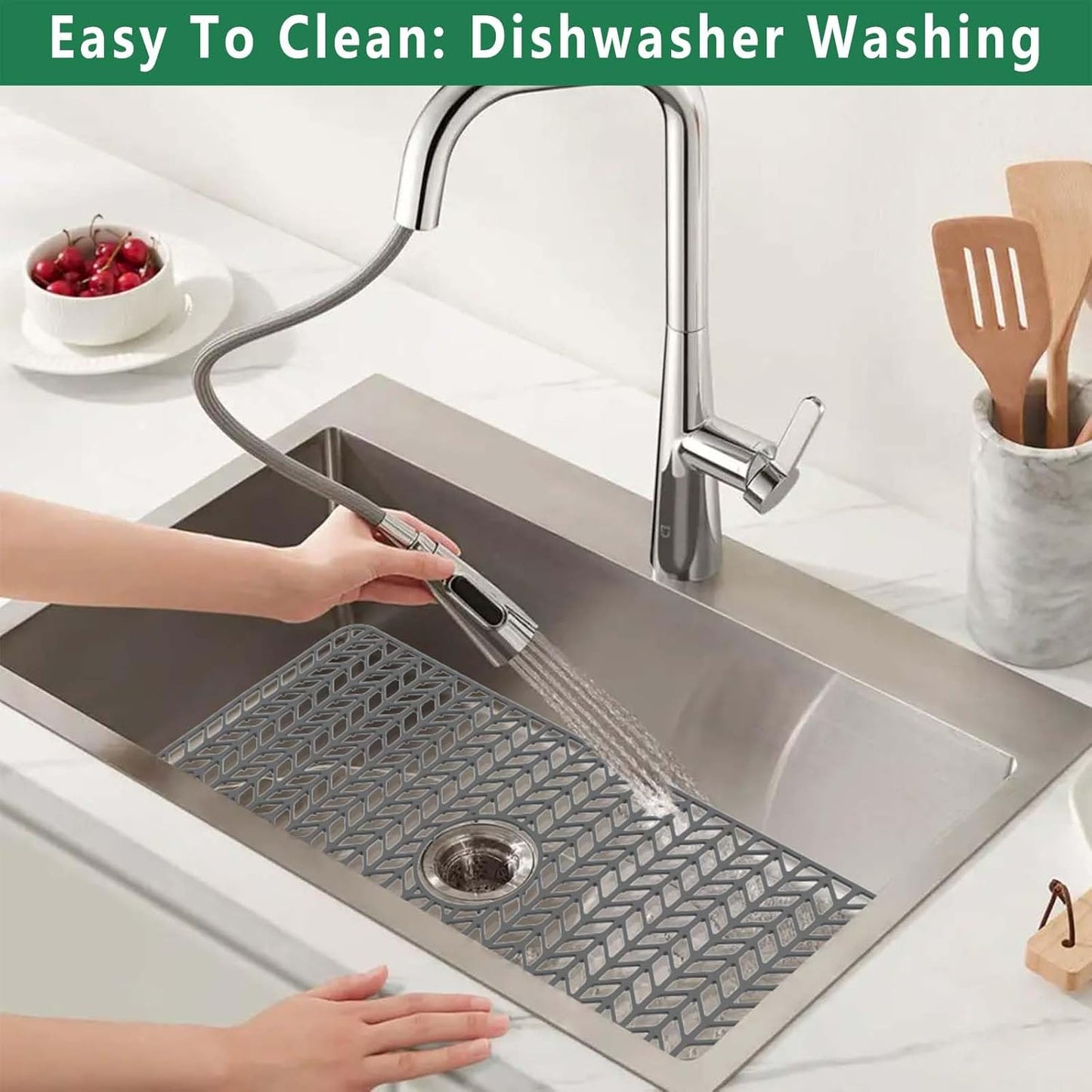 GUUKIN Sink Protectors for Kitchen Mat - 30"x 16" Silicone Kitchen Sink Mat Grid for Bottom of Farmhouse Stainless Steel Porcelain with Center Drain（Grey）