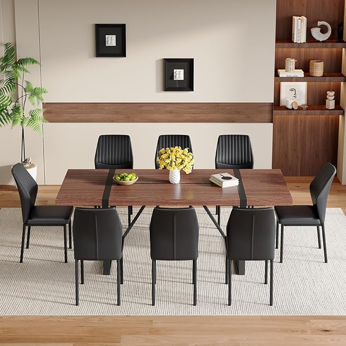 86.6" Dining Table Set for 8, Modern 9 Piece Wood Kitchen Table and Chairs Set, Rectangle Dining Room Table with 8 PU Leather Upholstered Chairs, Ideal for Home, Kitchen, or Apartment Dining