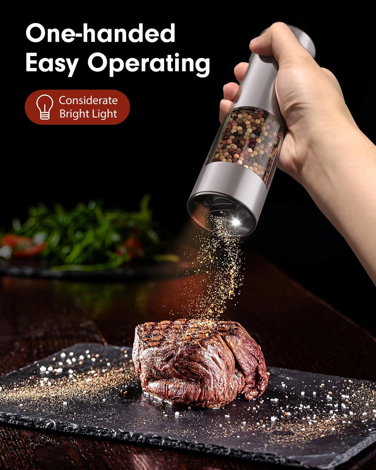 TOMEEM Upgraded Larger Capacity Electric Salt and Pepper Grinder Set Rechargeable with LED lights, Stainless Steel Automatic Pepper and Salt Grinder Refillable with 5 Adjustable Coarseness Gray