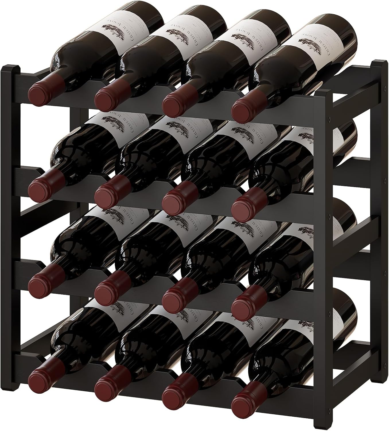 BMOSU Bamboo Wine Rack Wine Storage Cabinet Shelf 16 Bottle Wine Racks Countertop Sturdy for Kitchen Dining Room Pantry - 4 Tiers Wine Rack(Black)