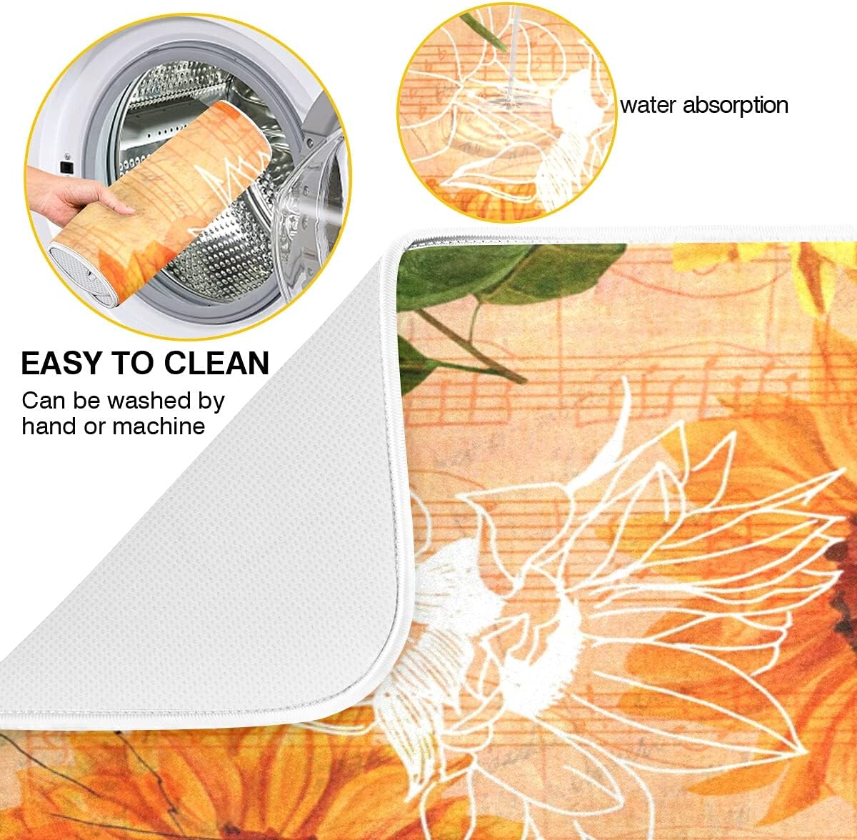 Super Absorbent Dish Drying Mat, Microfiber Fast-Drying Dish Mat, 24" x 18", Kitchen Dish Drying Pad, Watercolor Sunflowers