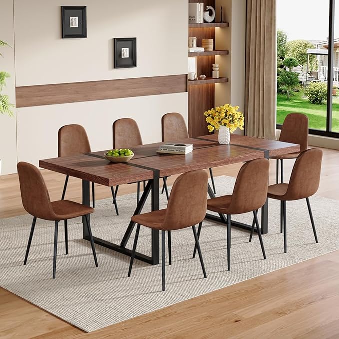 86.6" Dining Table Set for 8, Modern 9 Piece Wood Kitchen Table and Chairs Set, Rectangle Dining Room Table with 8 Suede Upholstered Chairs, Ideal for Home, Kitchen, or Apartment Dining