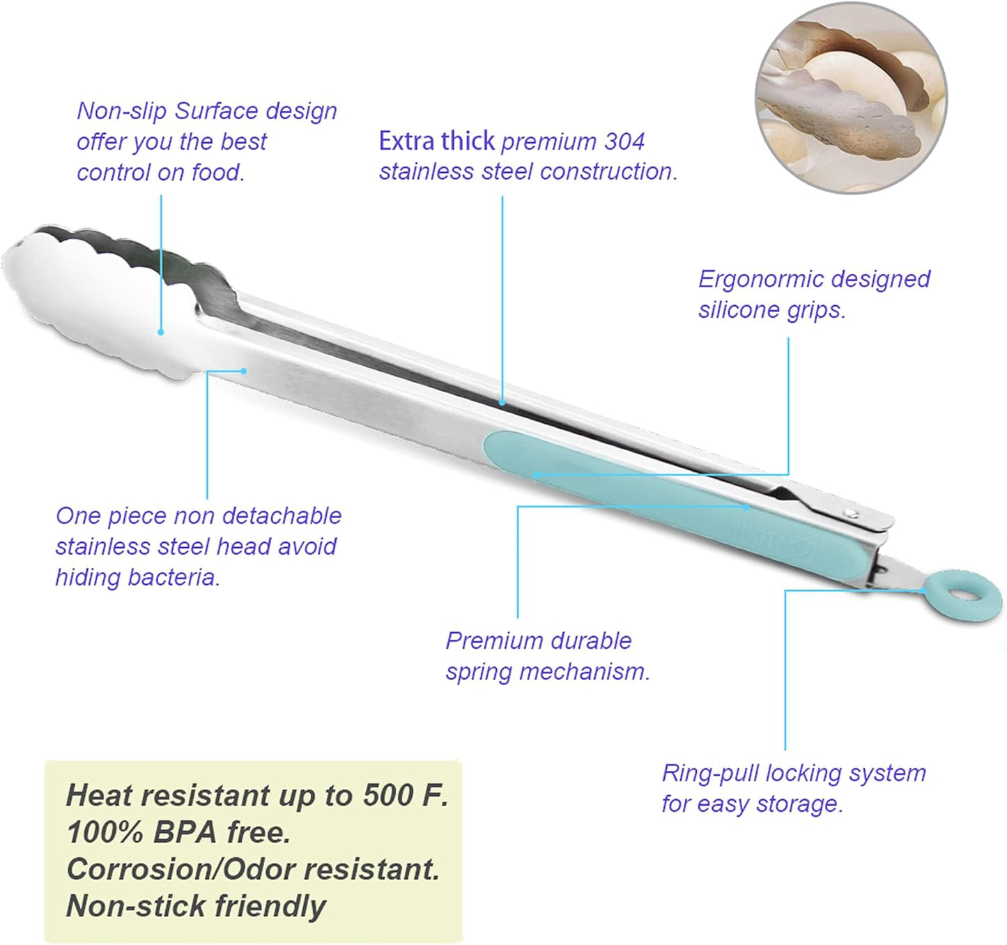 304 Stainless Steel Kitchen Cooking Tongs, 12" and 14" Set of 2 Sturdy Grilling Barbeque Brushed Locking Food Tongs with Ergonomic Grip, Aqua Sky