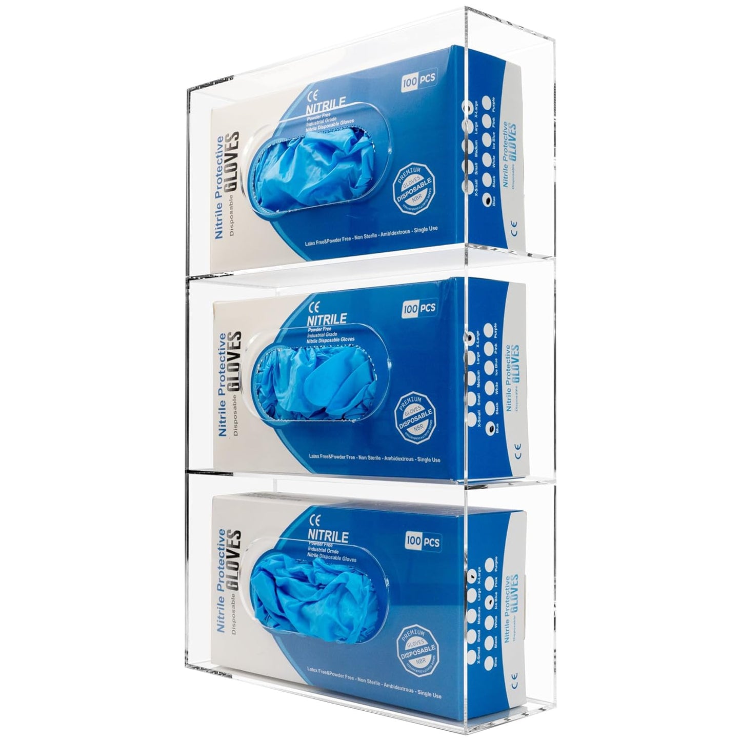 Glove Box Holder Dispenser Acrylic Triple Compartment Side Loaded Clear Rack Storage Organizer for Medical, Latex, Rubber, Nitrile, Exam, Disposable Glove Boxes Holder Standing or Wall Mount