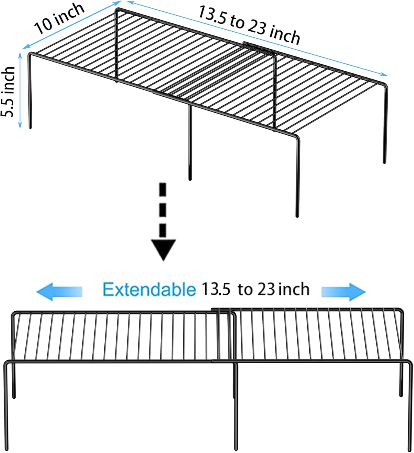 Redrubbit Cabinet Storage Shelf Rack, 8 Piece Expandable Metal Rustproof Kitchen Counter and Cabinet Shelf, Storage Rack Organizer Space Saver for Kitchen, Fridge, Cabinet, Bathroom, Black, Set of 4