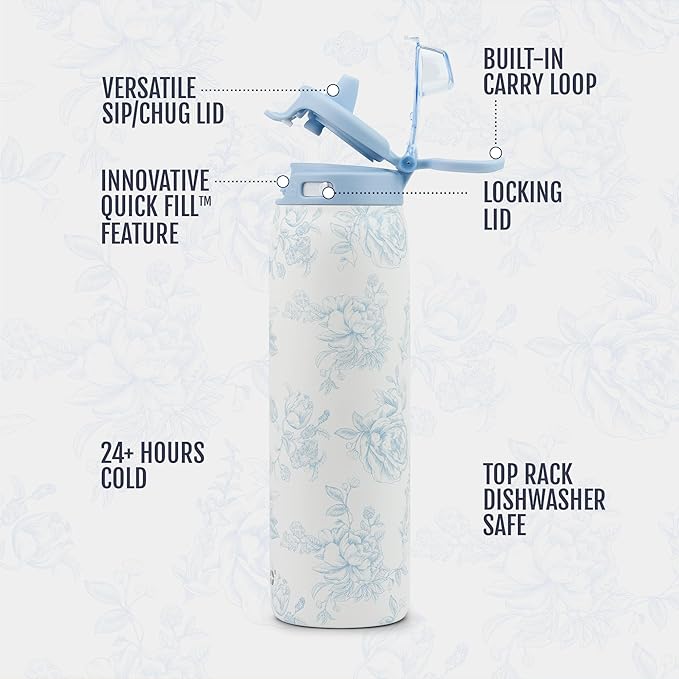 Ello Pop & Fill Stainless Steel Water Bottle with Quick Fill Technology, Double Walled Vacuum Insulated Metal, Leak Proof Locking Lid, Sip & Chug, BPA Free, Holiday Gift for Him Her, 22oz, 32oz, 40oz