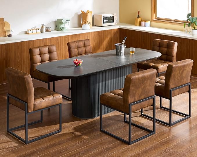 Coffee Faux Leather Dining Chairs Set of 2, Mid-Century Modern Dining Room Chairs with Armless, Checkered Kitchen Chair with Metal Legs