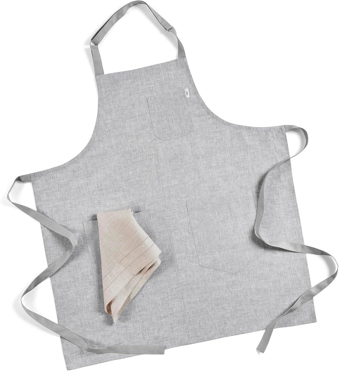 Solino Home Linen Bib Apron for Men & Women - Oyster Grey/Soft Grey Kitchen Apron with Front Pockets - Handcrafted from European Flax