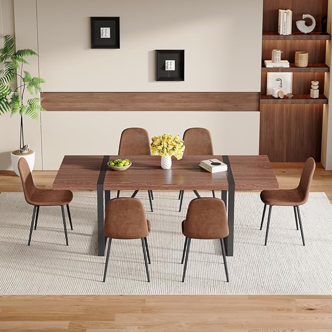 86.6" Dining Table Set for 6, Modern 7 Piece Wood Kitchen Table and Chairs Set, Rectangle Dining Room Table with 6 Upholstered Suede Chairs, Ideal for Apartment, Kitchen, Dining Room