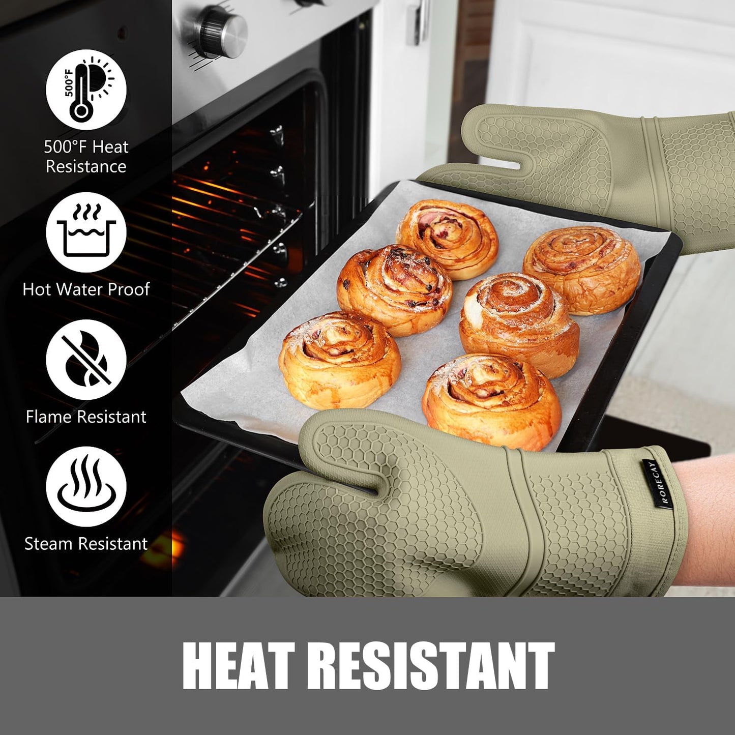 Rorecay 6pcs Oven Mitts and Pot Holders Sets Heat Resistant 500 Degrees, Extra Long Silicone Oven Gloves Non-Slip Potholders Hot Pads for Kitchen Baking Cooking, Quilted Liner, Martini Olive