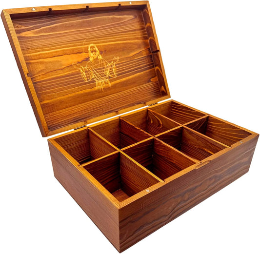 Hand-Carved Acacia Wooden Tea Box Organizer Storage Box, 8 Compartments Multi-Use Tea Bag Holder, Large Capacity for 80+ Tea Bag Storage, with Exquisite Patterns Tea Organizers and Storage