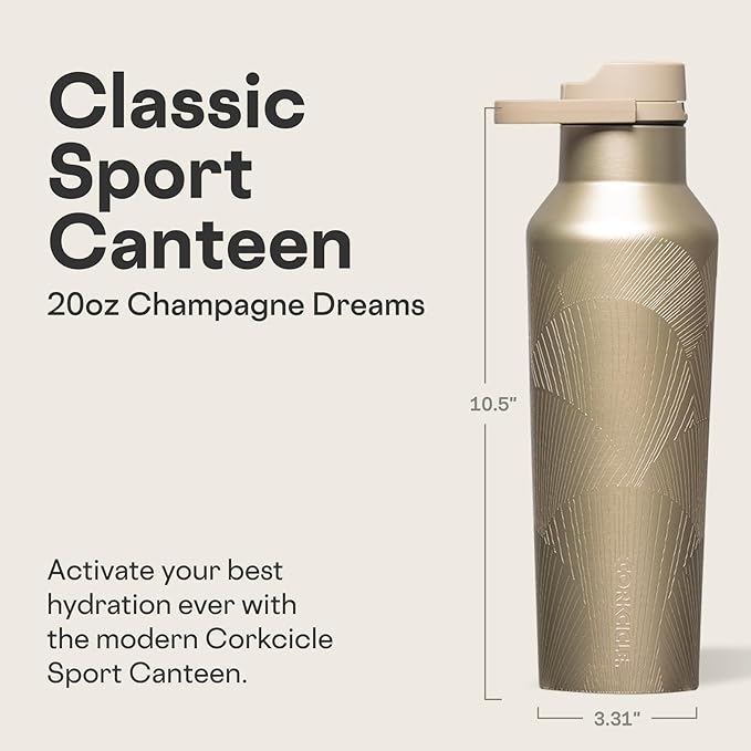 Corkcicle Classic Sport Canteen Insulated Water Bottle - Keeps Beverages Cold 25 Hours - Triple Insulated - Summer Drinkware Gift - Keeps Drinks Ice Cold - Leak-Proof Cap - 20 oz - Champagne Dreams