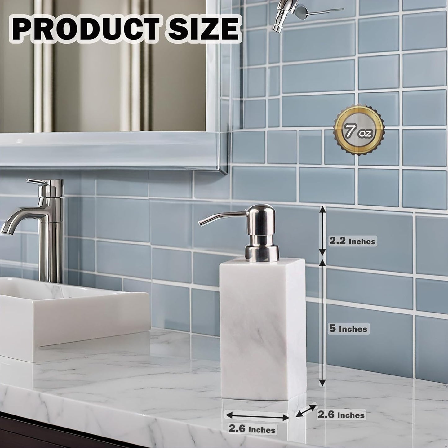 Hand Liquid&Lotion Soap Dispenser Pump Bottle Natural Marble for Kitchen Bathroom Countertop Laundry Room Holds Dish Soap Shampoo Laundry Liquid Shower Gel (Sir White)