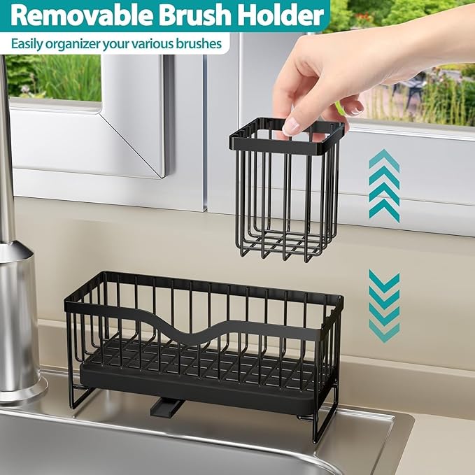 Generic Sink Caddy Organizer, Black Metal Kitchen Counter Sponge Holder with 360° Auto-Drain Tray, 9.8x3.9 Inch, 2-Compartment Storage for Cleaning Supplies