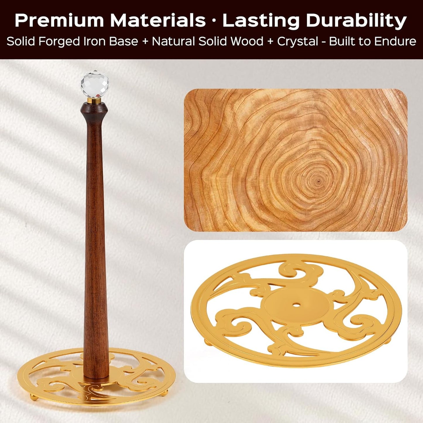 Wooden Countertop Paper Towel Holder,Iron Base with Die-Cast Pattern, Solid Wood Rod & Crystal Finial Top,Slow Reveal Artistry, Stable&Durable, Easy Install - Elevates Kitchen Décor(Gold)
