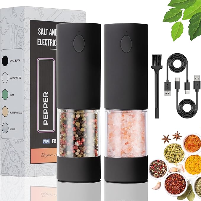 2 Pack Electric Salt and Pepper Grinder Set - USB Rechargeable Automatic Salt Pepper Mill Shaker with LED Light, Adjustable Coarseness, One Hand Operation