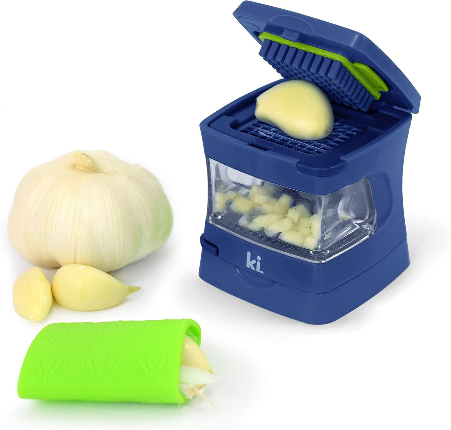 Garlic-A-Peel Garlic Press, Crusher, Cutter, Mincer, and Storage Container - Includes Silicone Garlic Peeler - Easy to Clean - Stainless Steel Blades – (Blue), standard